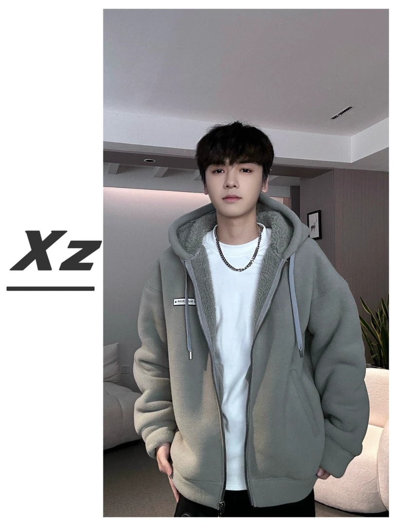 （XIAOZHE）冬季休闲连帽加厚加毛款宽松双面摇粒绒开衫外套W-756-1