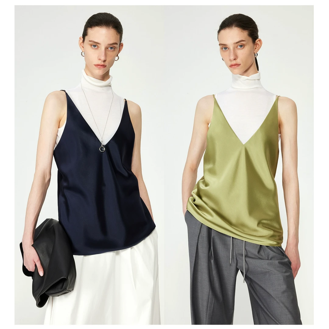 开间/时髦B入 日本重磅双面缎三醋酸凉感鎏光垂感叠穿深V酒杯吊带