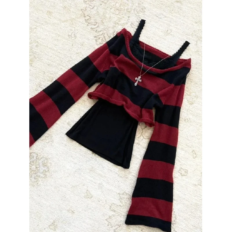 韩系漂亮T恤早秋独特超好看宽松慵懒红色条纹撞色一字肩针织上衣