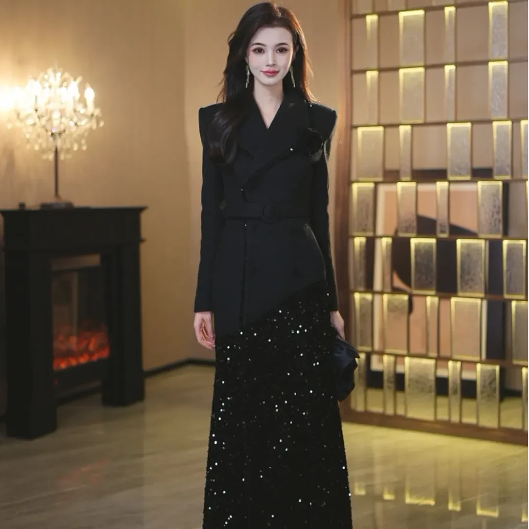 CICI定制 小香风显瘦轻奢轻奢黑色修身拼接中长款西装连衣裙