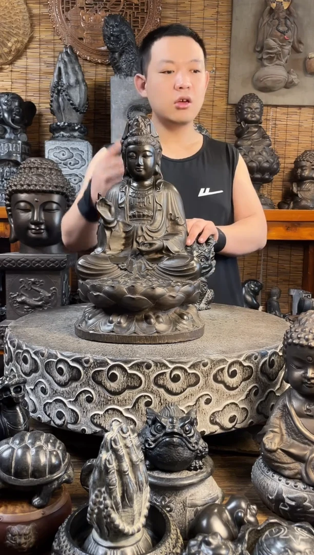 石材40坐佛观音天然青石雕刻