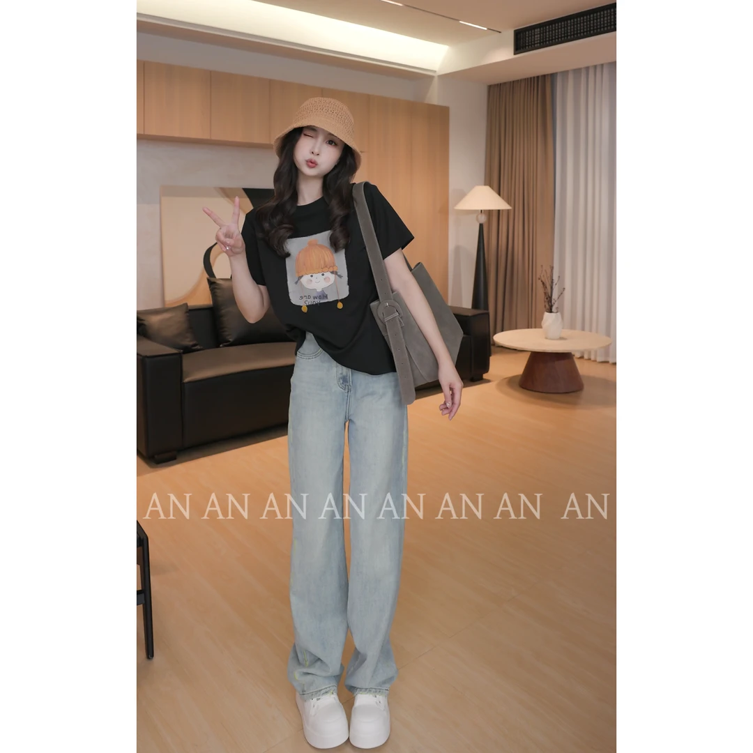 【小球帽】B12184时尚新款洋气百搭重工卡通女孩休闲字母T恤