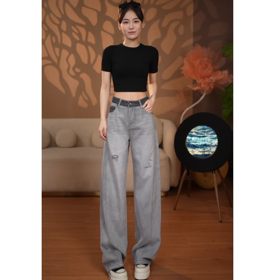 弯刀裤直筒阔腿裤街头风高腰女休闲风牛仔裤夏季长裤休闲显瘦美式