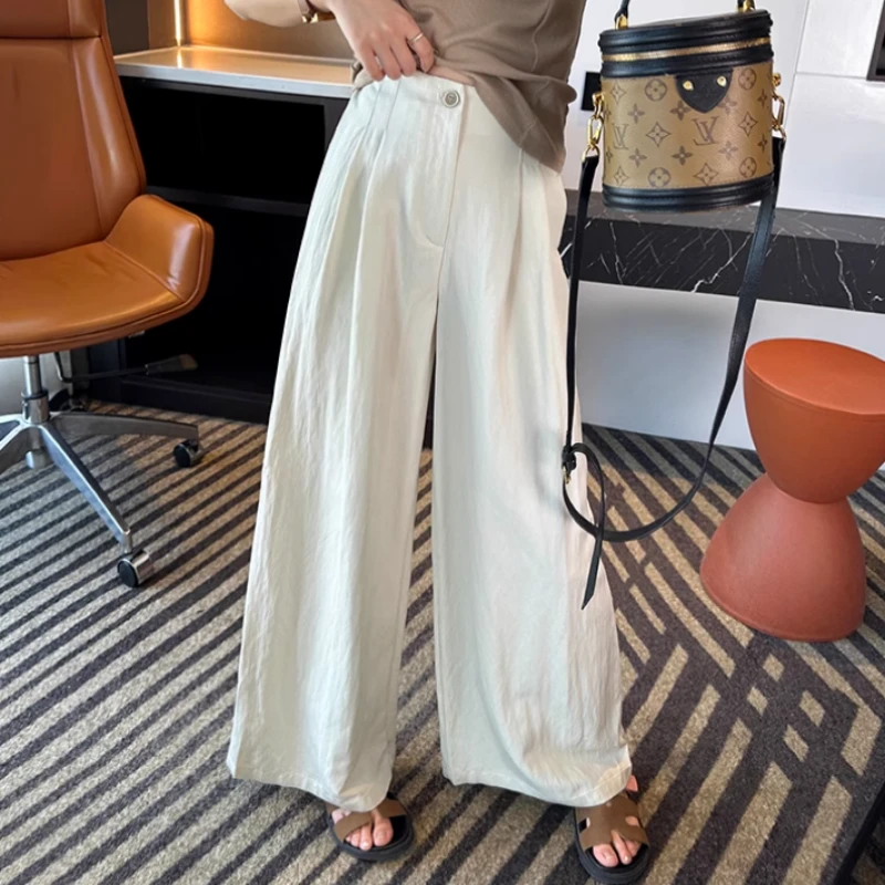清凉遛弯裤高腰阔腿裤夏季休闲裤白色长裤直筒高腰显瘦宽松垂感