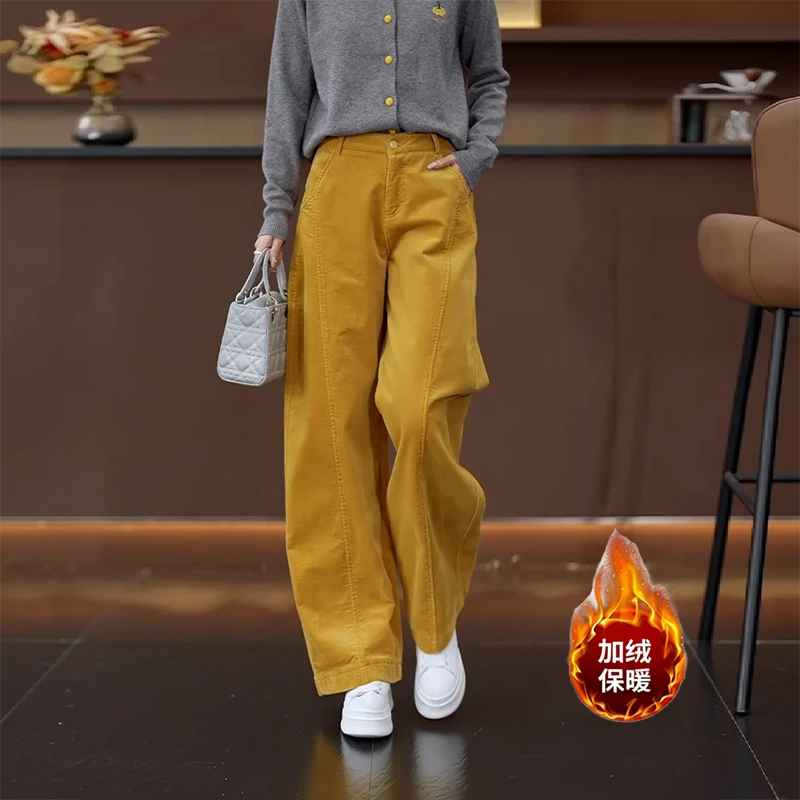 黄色加绒弯刀裤子女秋冬季2025新款今年流行爆款灯芯绒休闲阔腿裤