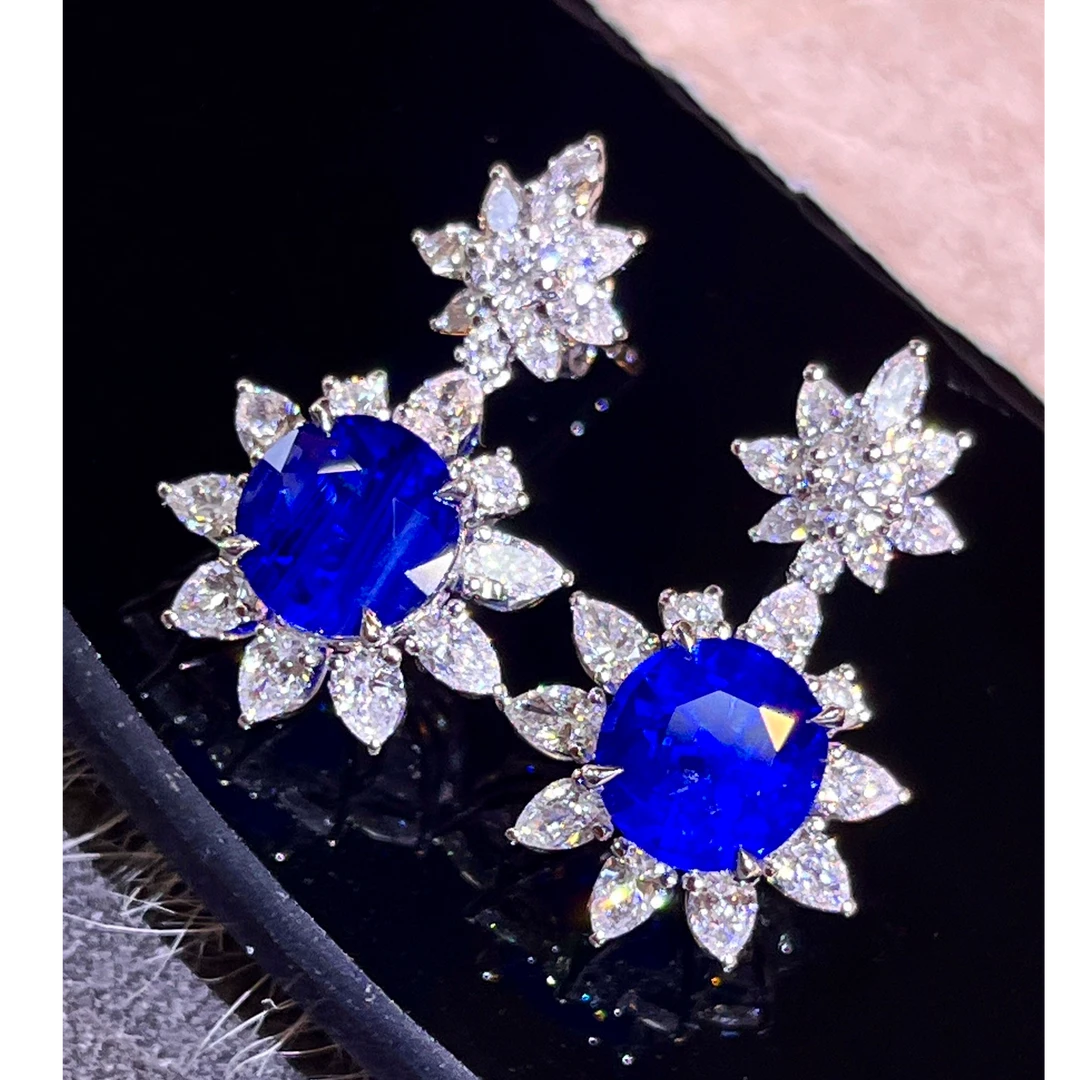 18K金镶嵌正皇家蓝推荐斯里兰卡天然皇家蓝蓝宝石耳钉