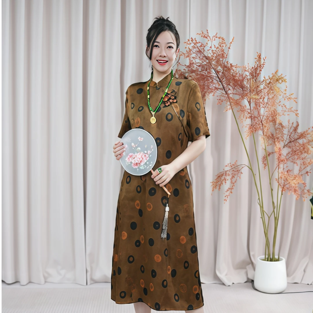 棕金-连衣裙2025新款夏季时尚气质提花花萝中式中长裙011