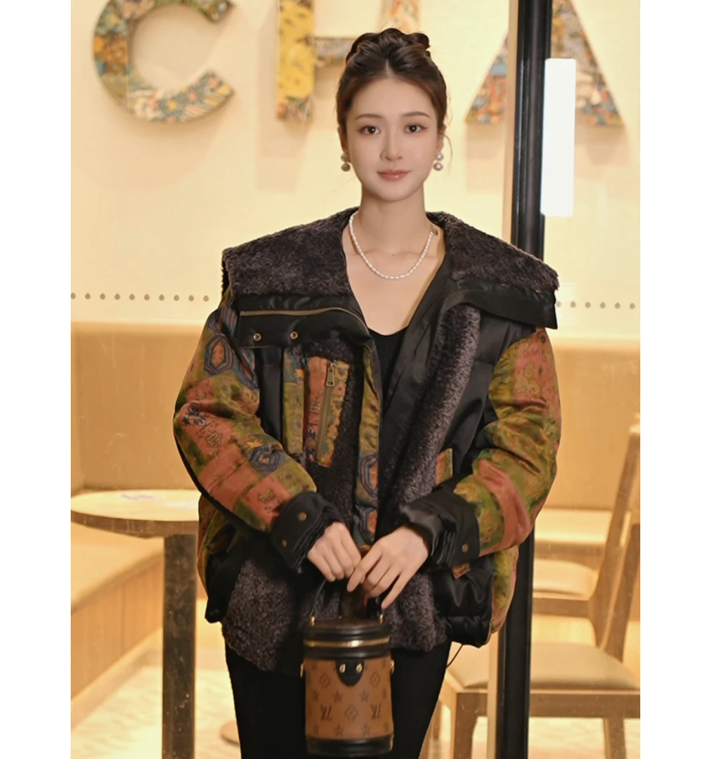 【茅茅专属】8703冬季新款新中式真丝拼接皮毛一体时尚保暖羽绒服