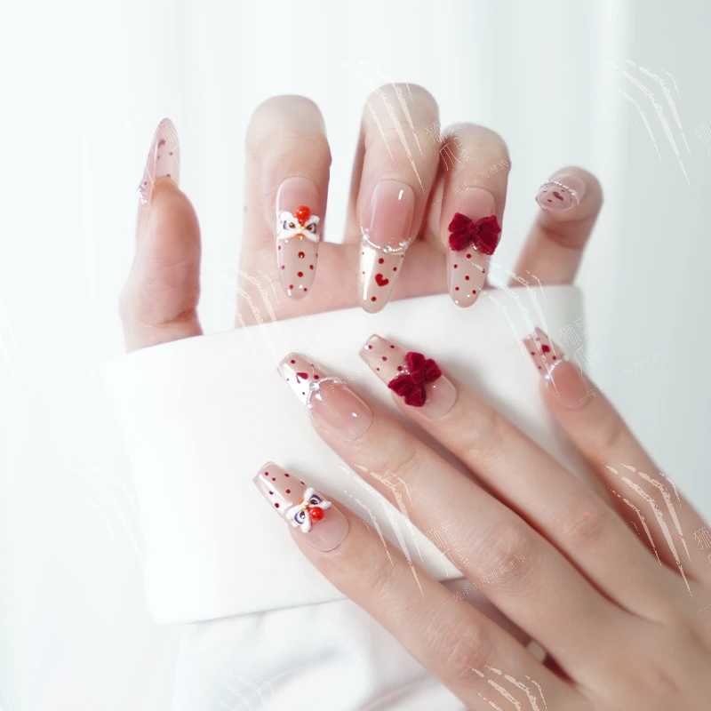 【心悦喜狮】甜美红丝绒蝴蝶结醒狮爱心波点金猫眼手工穿戴