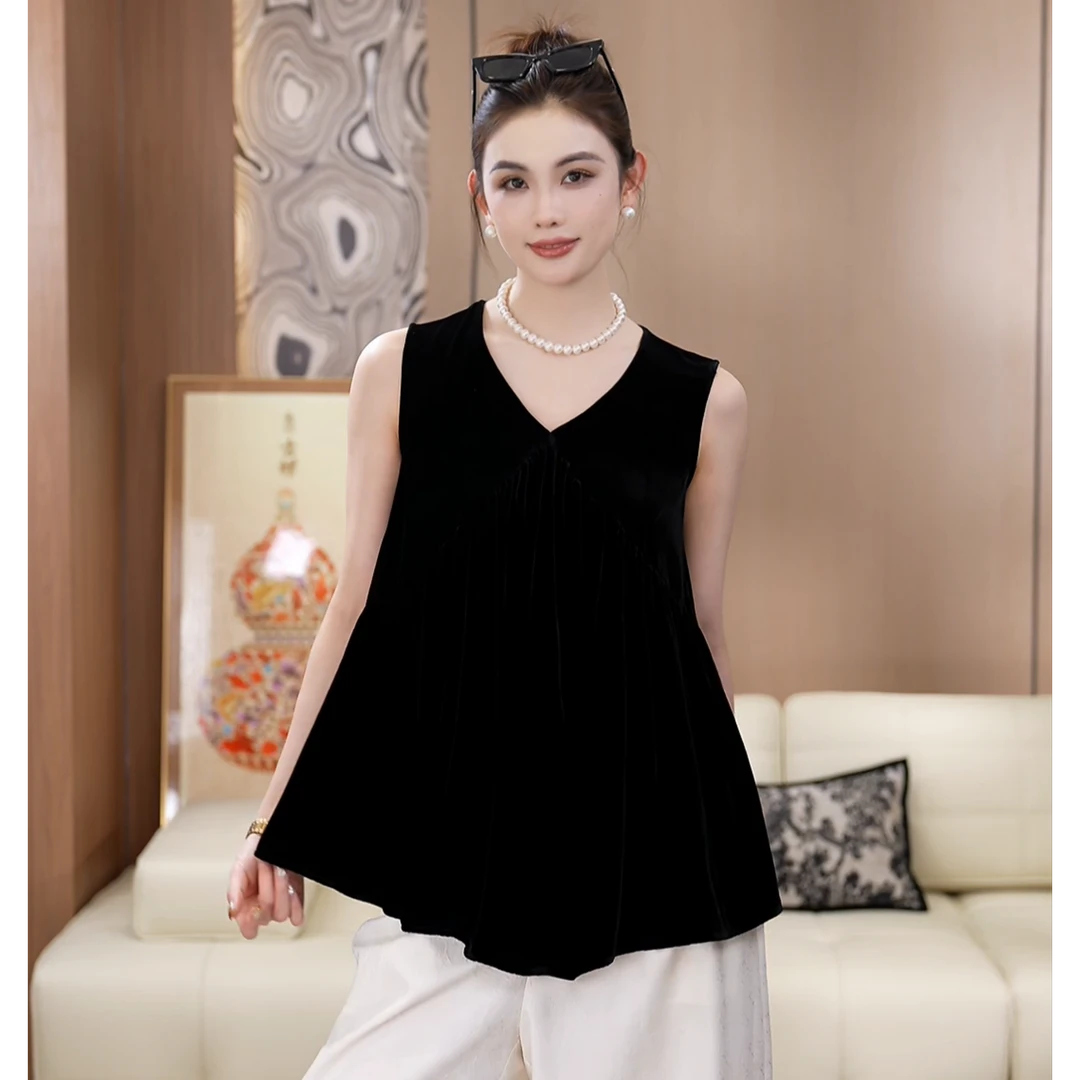韩版减龄真丝丝绒V领无袖夏季百搭黑色通勤显瘦无袖上衣A050838