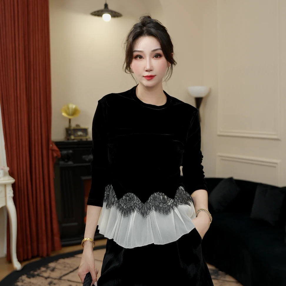 JR·雪姐·一川心弦-91016设计师款长袖拼接圆领蕾丝轻奢衬衫