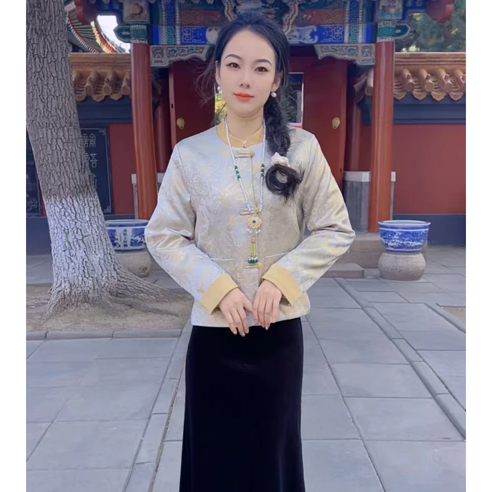 新中式缎面秋冬季长袖款短外套时尚提花国风盘扣短外套