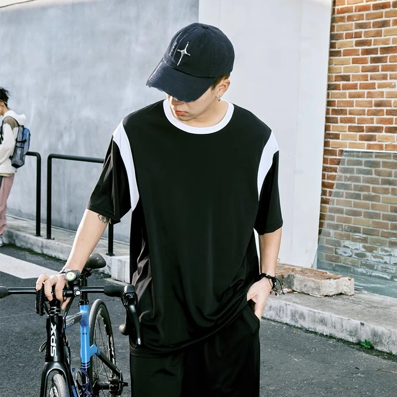 撞色t恤男士运动五分裤夏季短袖短裤套装男降温冰丝凉感轻薄透气