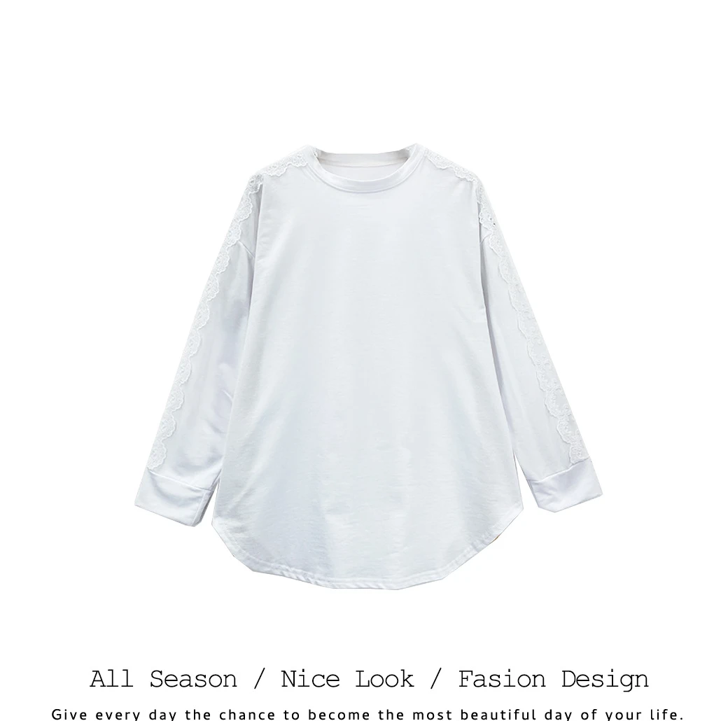 1000 时尚白色拼接蕾丝花边宽松百搭圆领长袖     款号#3832