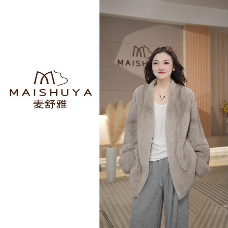 【阿飒】爆款海宁皮草进口水貂貂皮大衣女水貂毛V领挽袖外套女款