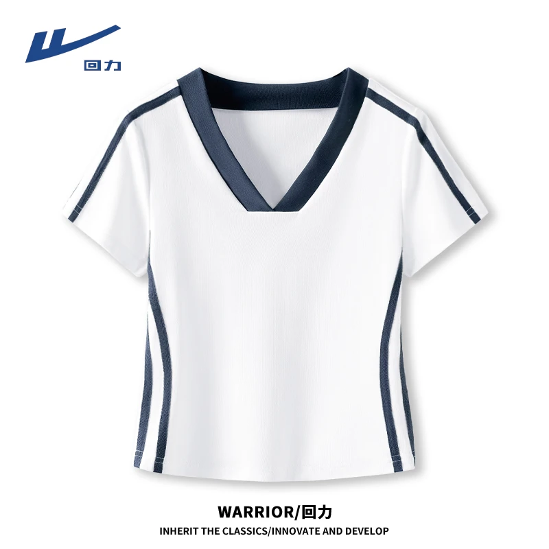 回力T恤短款V领修身型白色上衣2025新款休闲显瘦拼接夏季拼色显瘦