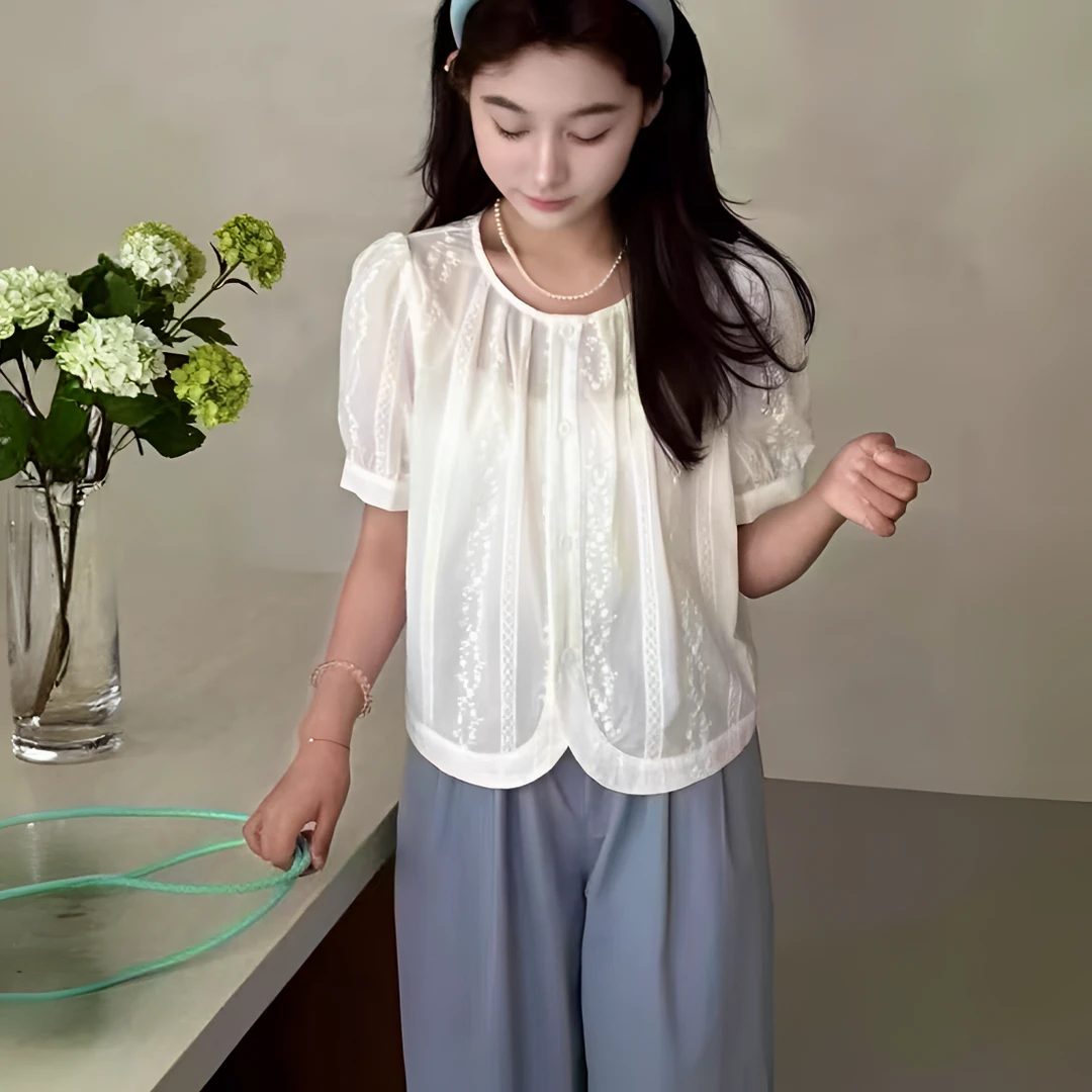 那简家2585夏季韩系重工刺绣提花气质甜美减龄短袖衬衫小衫