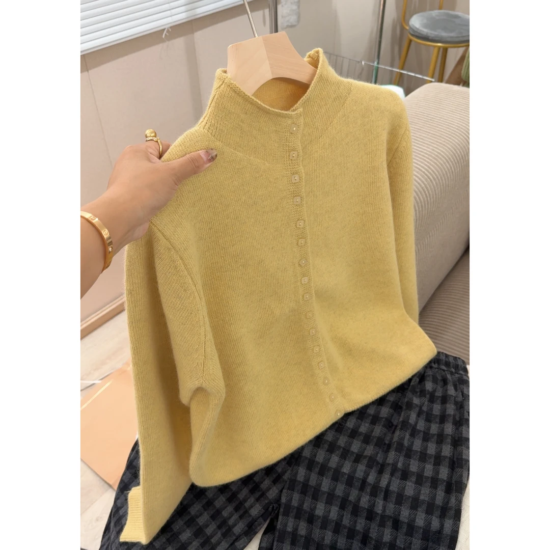 3462【方糖扣立领开衫】秋季新款宽松毛衣外穿女士气质上衣