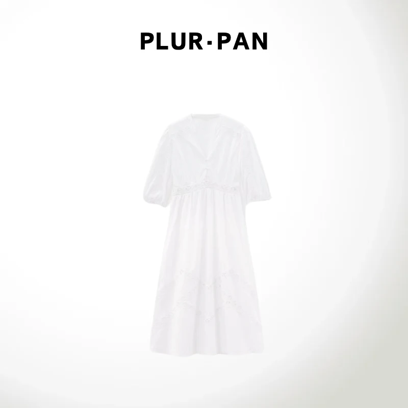 PLUR·PAN法式优雅刺绣V领收腰度假风连衣裙