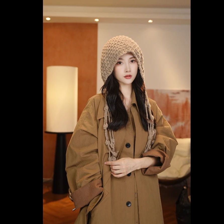 达芬奇密码秋冬新款流苏球毛绒帽子编织帽女加厚加绒保暖百搭款