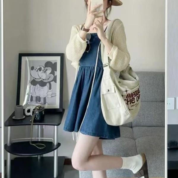 2025早秋新款大码女装时尚显瘦减龄吊带牛仔连衣裙长袖开衫两件套