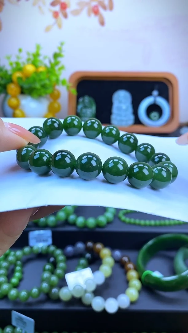未镶嵌手串和田玉（碧玉）和田碧玉老坑菠菜绿12mm手串