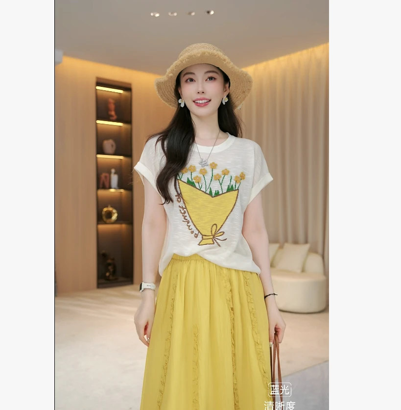 【艺术插花】夏季显瘦时尚洋气新款小花图案短袖毛织T恤上衣35643