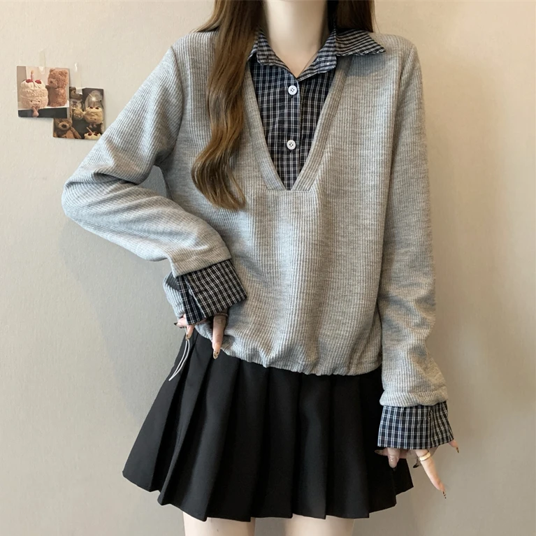 大码POLO领格子拼接卫衣女春秋胖MM宽松显瘦百搭洋气长袖抽绳上衣