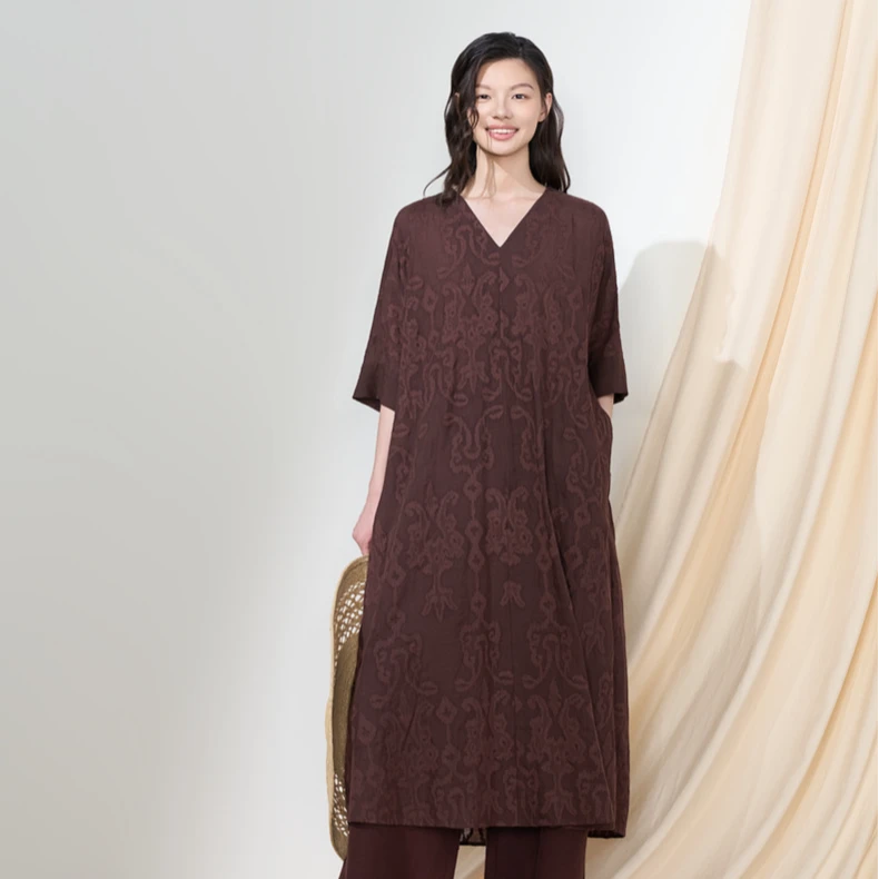 EXCEPTION例外夏季匹绣工艺连衣裙五分袖中式长裙AB25-J1J02