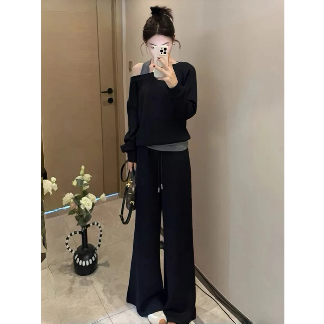时尚休闲套装女2025秋季新款宽松显瘦洋气假两件卫衣阔腿裤两件套