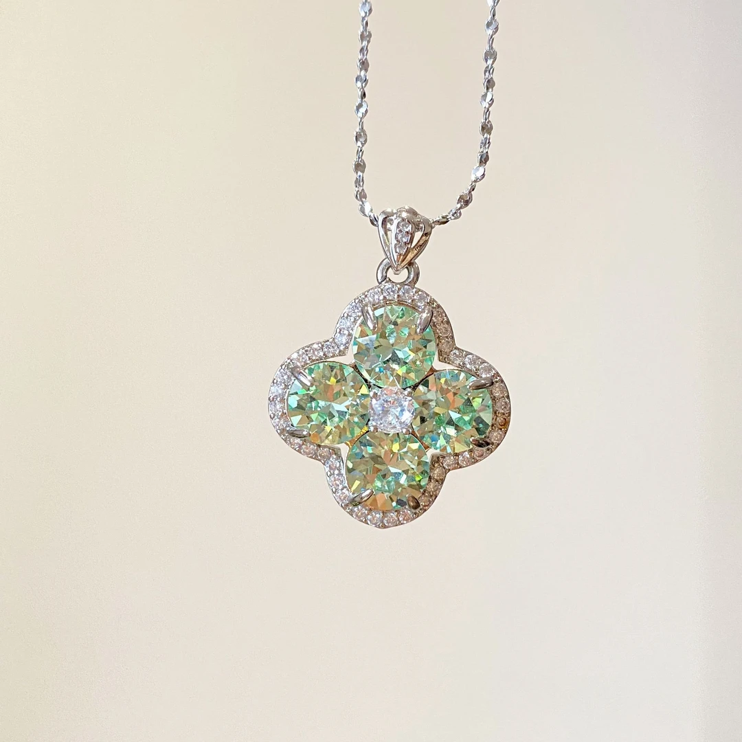 合金项链 3703华子钻莫兰迪绿四叶草满天星项链轻奢气质贵气