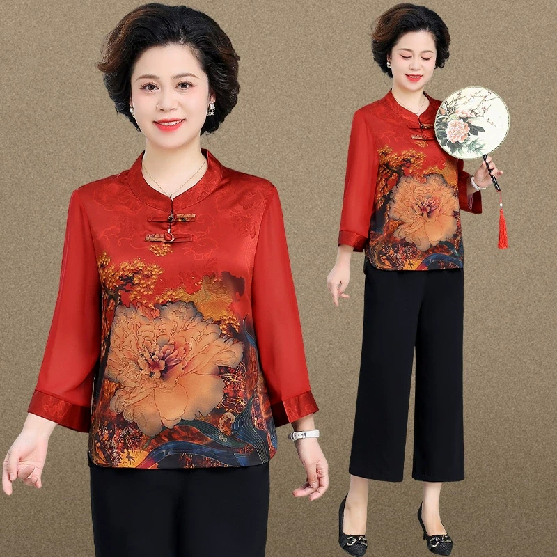 母亲节妈妈夏装新中式小衫套装中老年国风盘扣上衣女夏季唐装衬衫