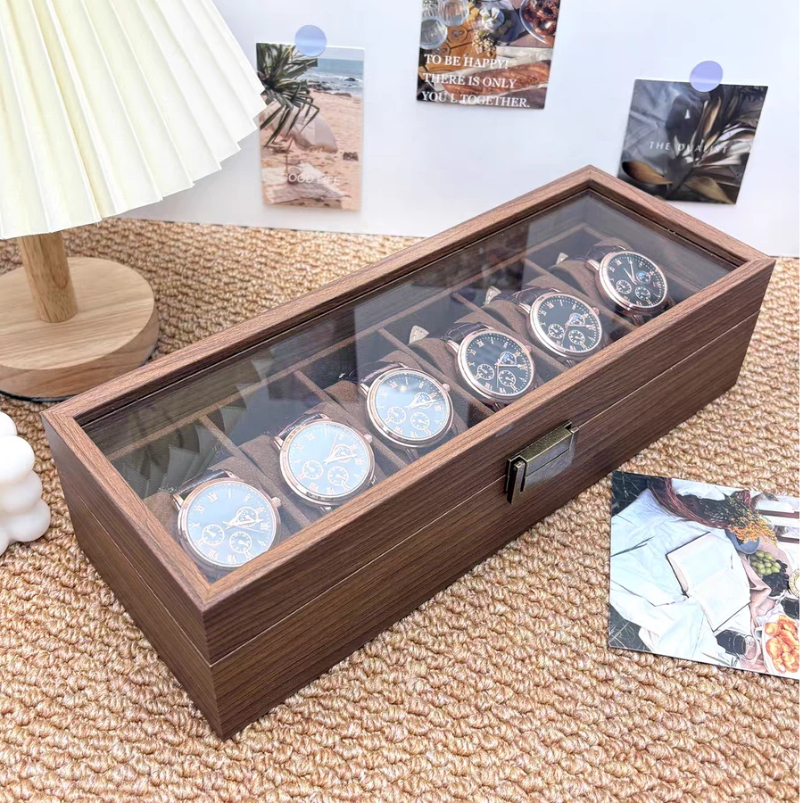 高档手表收纳盒复古胡桃木纹首饰盒轻奢透明家用多位腕表收藏展盒