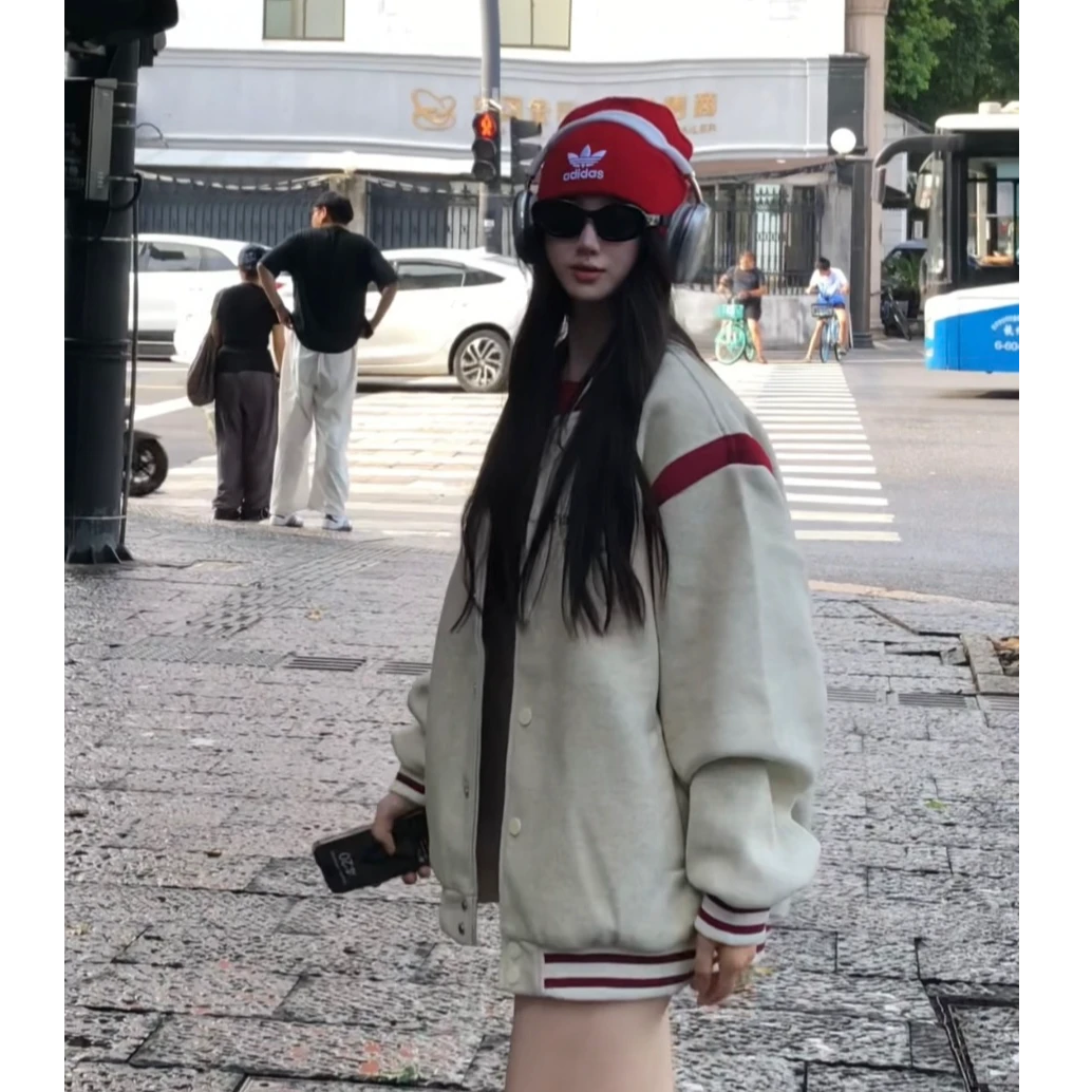 美式复古休闲情侣装加厚毛呢刺绣高级感秋冬拼接外套宽松棒球服