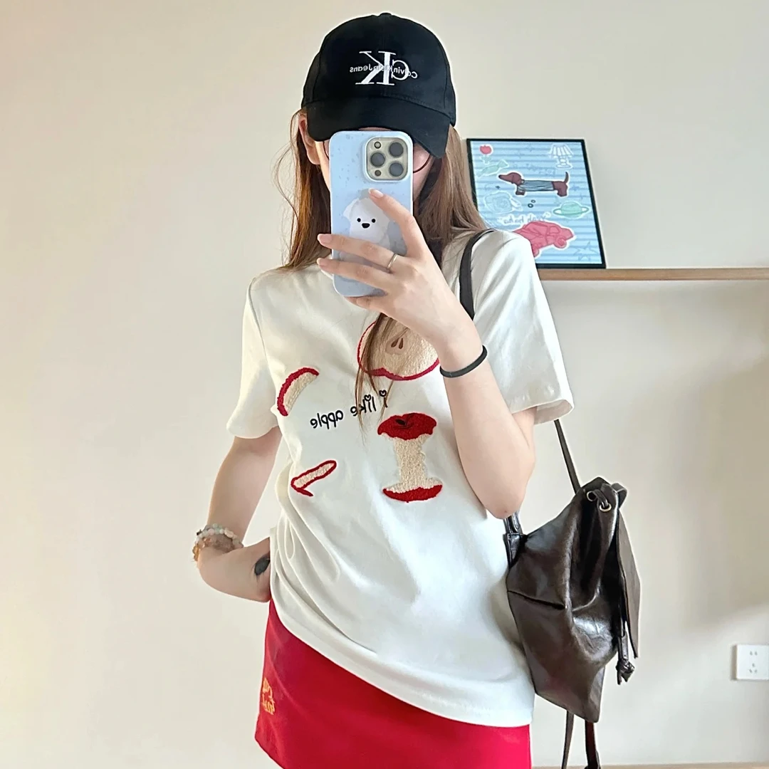 （ 运补6元 )韩版刺绣植绒苹果短袖T恤女夏季新款休闲显瘦修身上衣