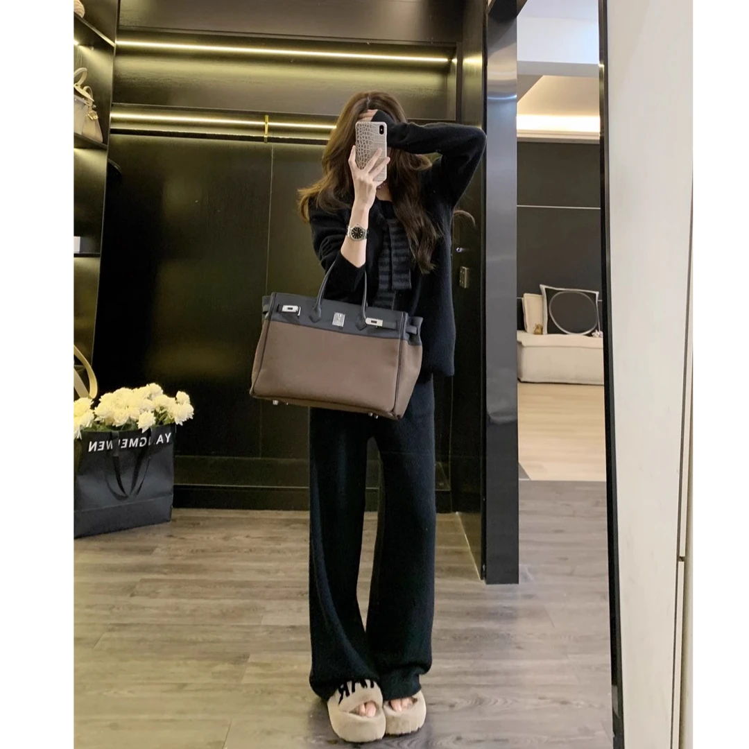 Leathercat韩系搭配一整套秋装2025高级感针织阔腿裤小香风套装女