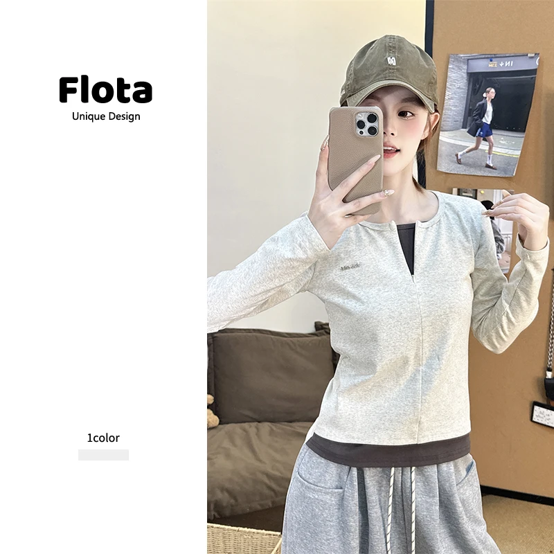 【flota】撞色假两件半拉链短款长袖T恤秋季运动休闲百搭上衣女2854
