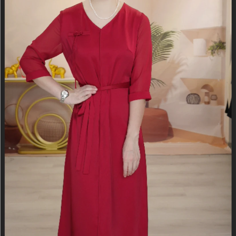 X0738 V领通勤系带短袖高纯色连衣裙红色中长款长裙女装
