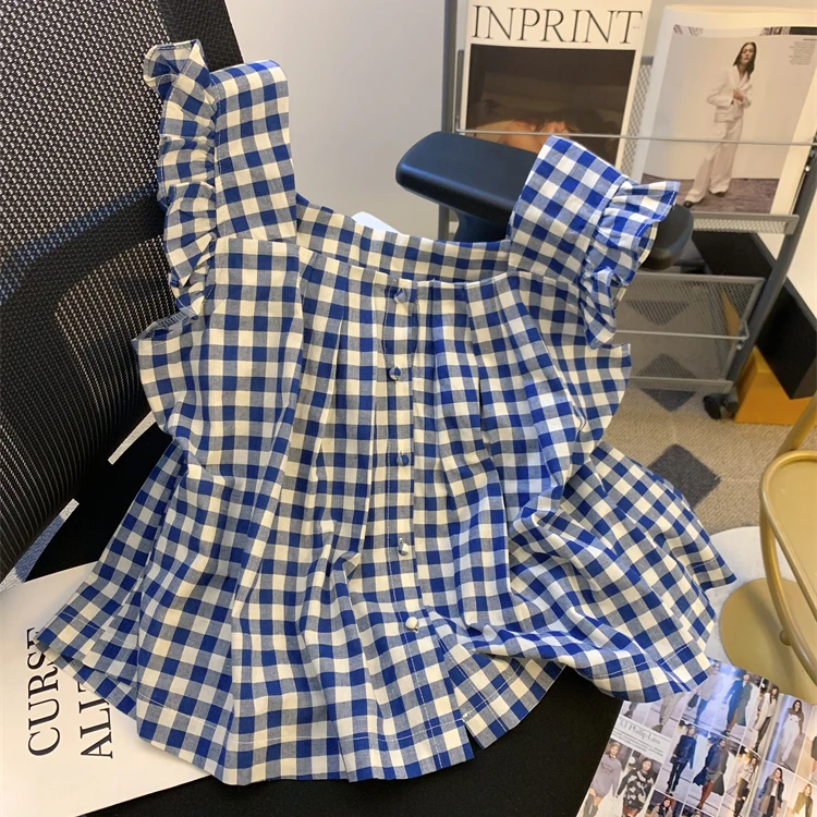 蓝色格子小飞袖衬衫女2025夏季法式小众方领小衫无袖遮肚子小上衣