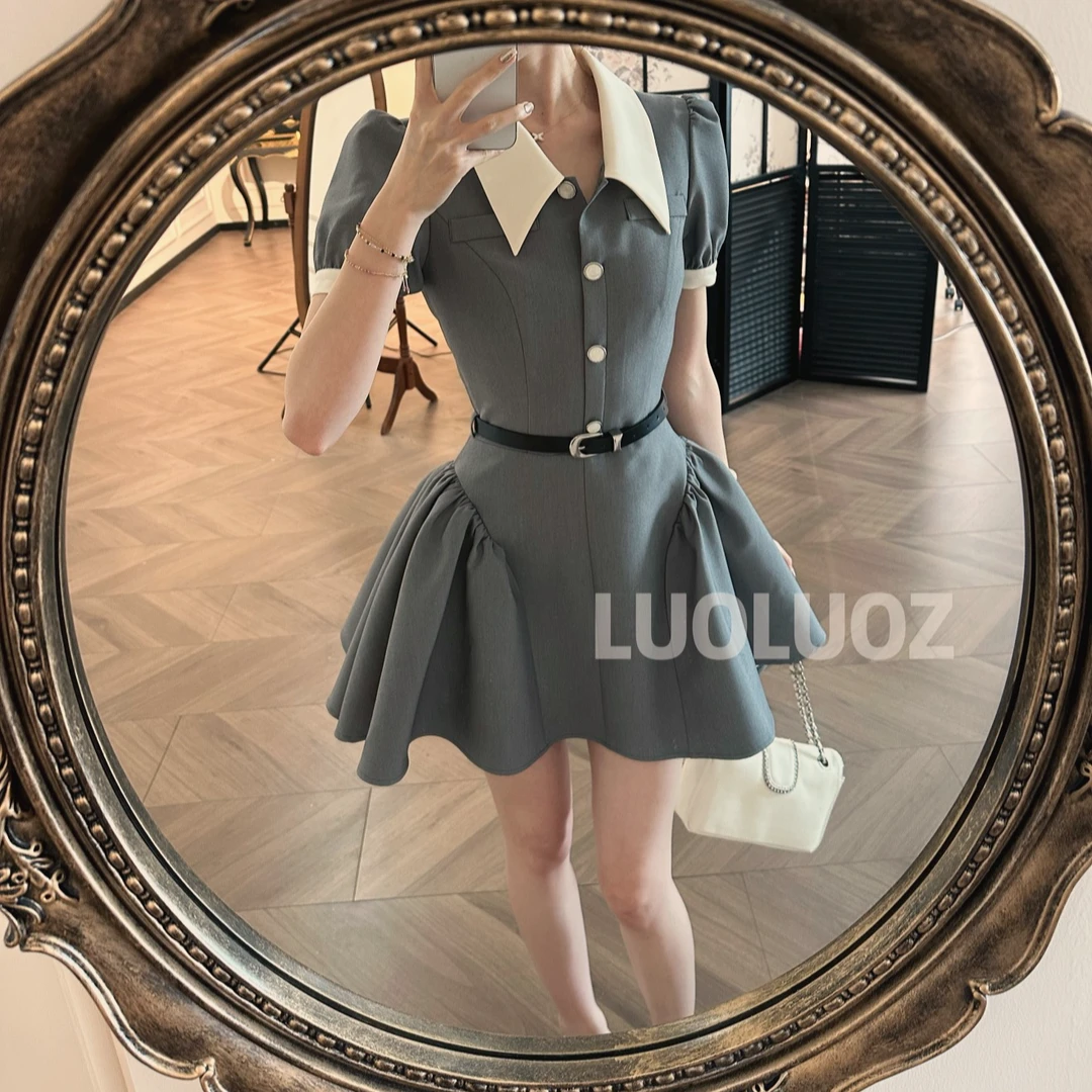 LUOLUOZ【束腰蓬汐】撞色翻领气质收腰A字大蓬摆短款连衣裙JF1437