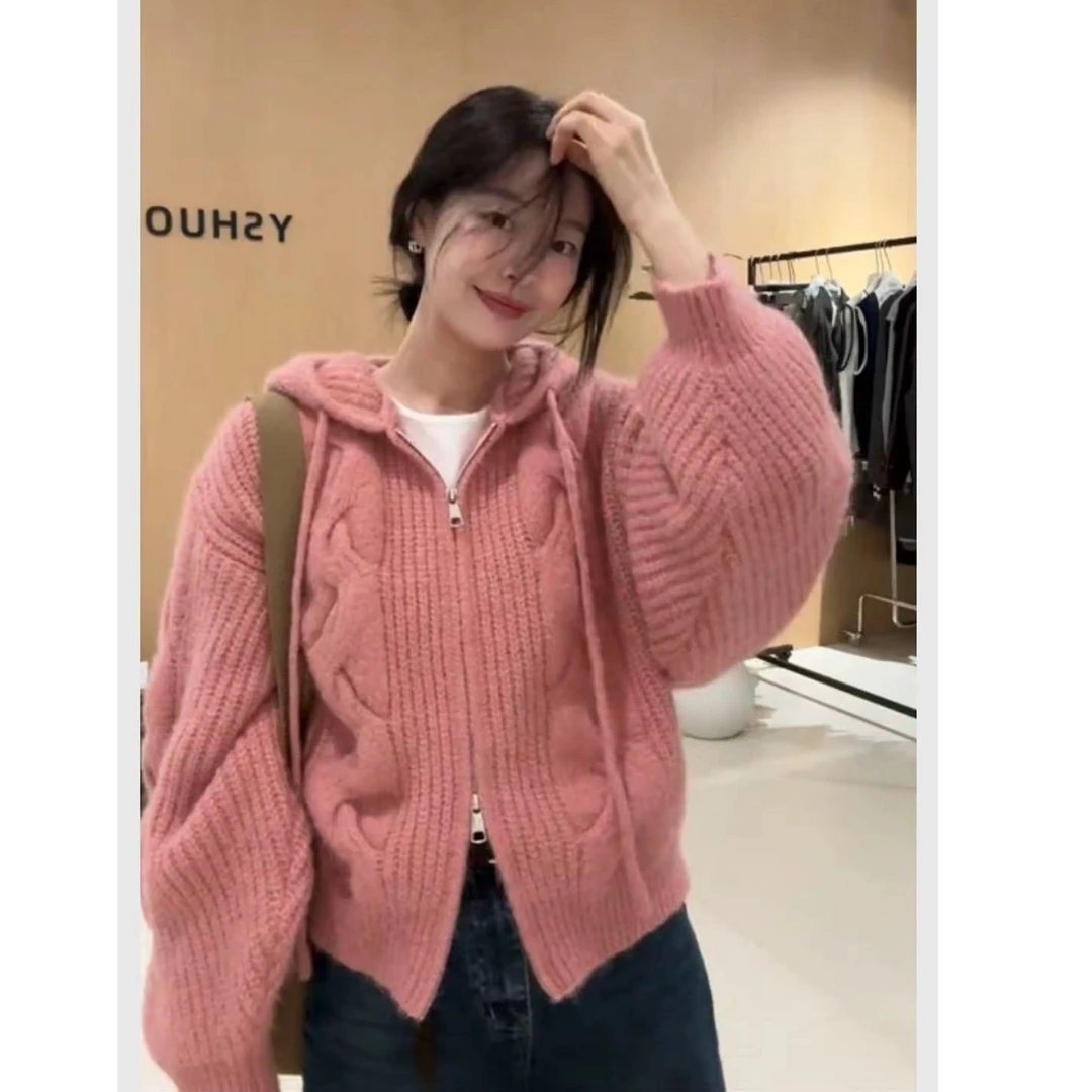 韩系慵懒风加厚连帽针织开衫女秋冬新款宽松休闲拉链毛衣外套7925