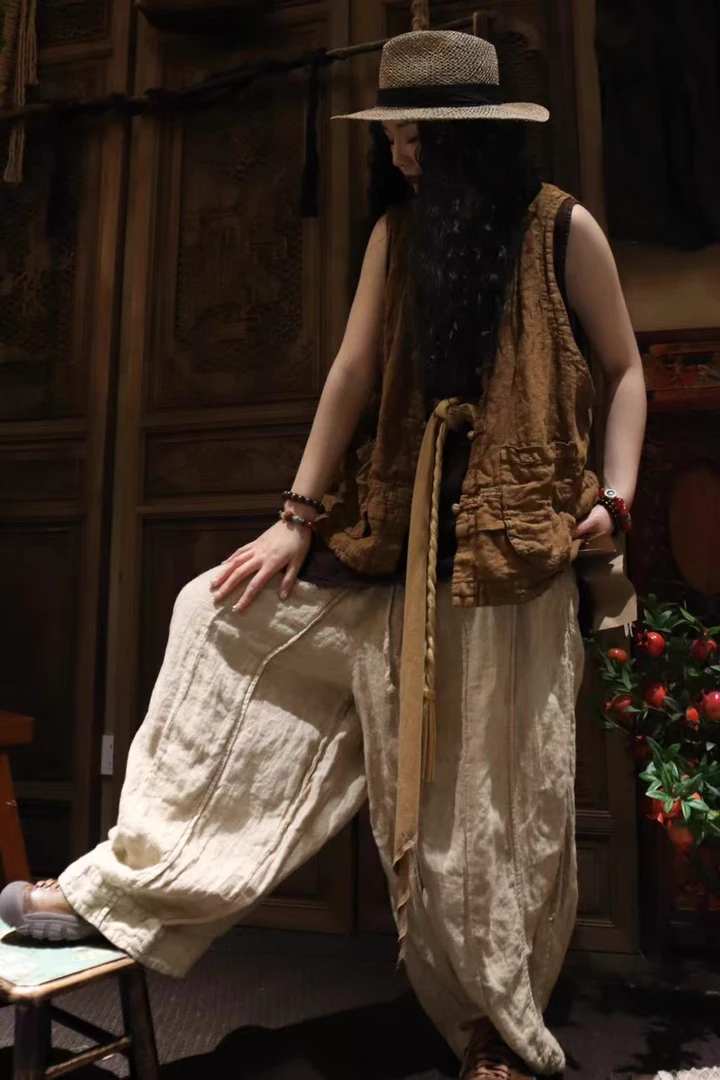 【语禾】3252复古亚麻V领马甲炒色做旧对襟盘扣（衣长65胸围130）