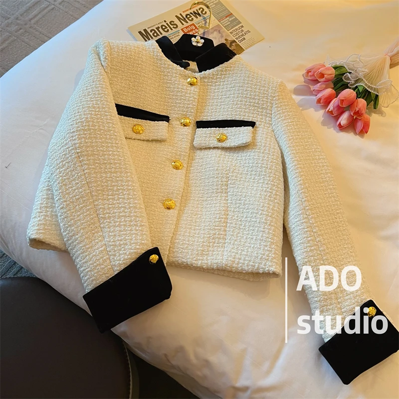 法式小香风外套立领斜纹编织羽绒内胆2025年春冬金扣短款上衣