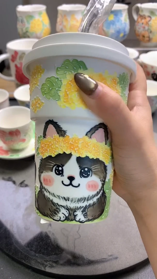 一味*手绘*桂花飘香萌猫奶茶杯