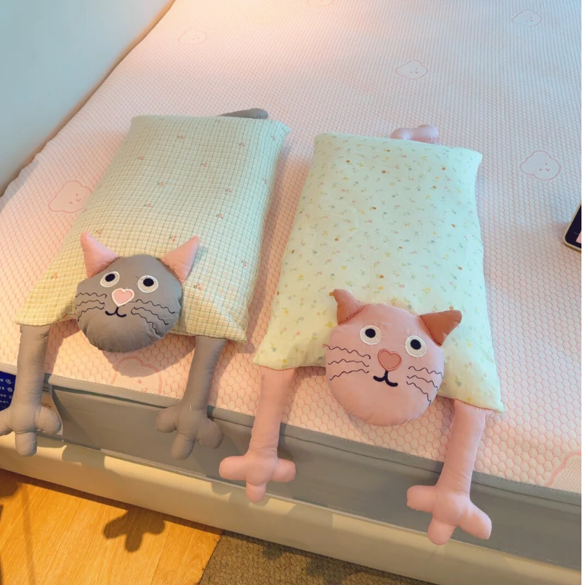 双人情侣猫咪枕头可爱新款全棉双层纱卡通荞麦枕芯装扮用品