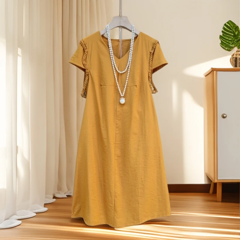 2025夏季新款双肩编织小众设计时尚连衣裙半袖气质夏季中长款女裙