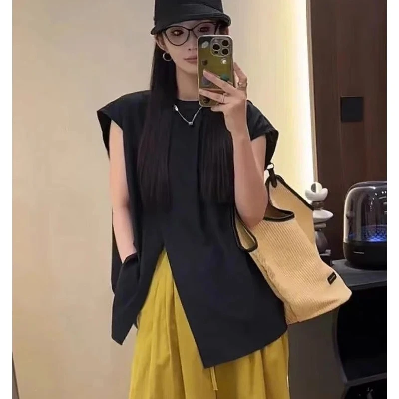 运补6夏季新款2025时尚百搭圆领露背无袖衬衫背心女休闲外穿上衣