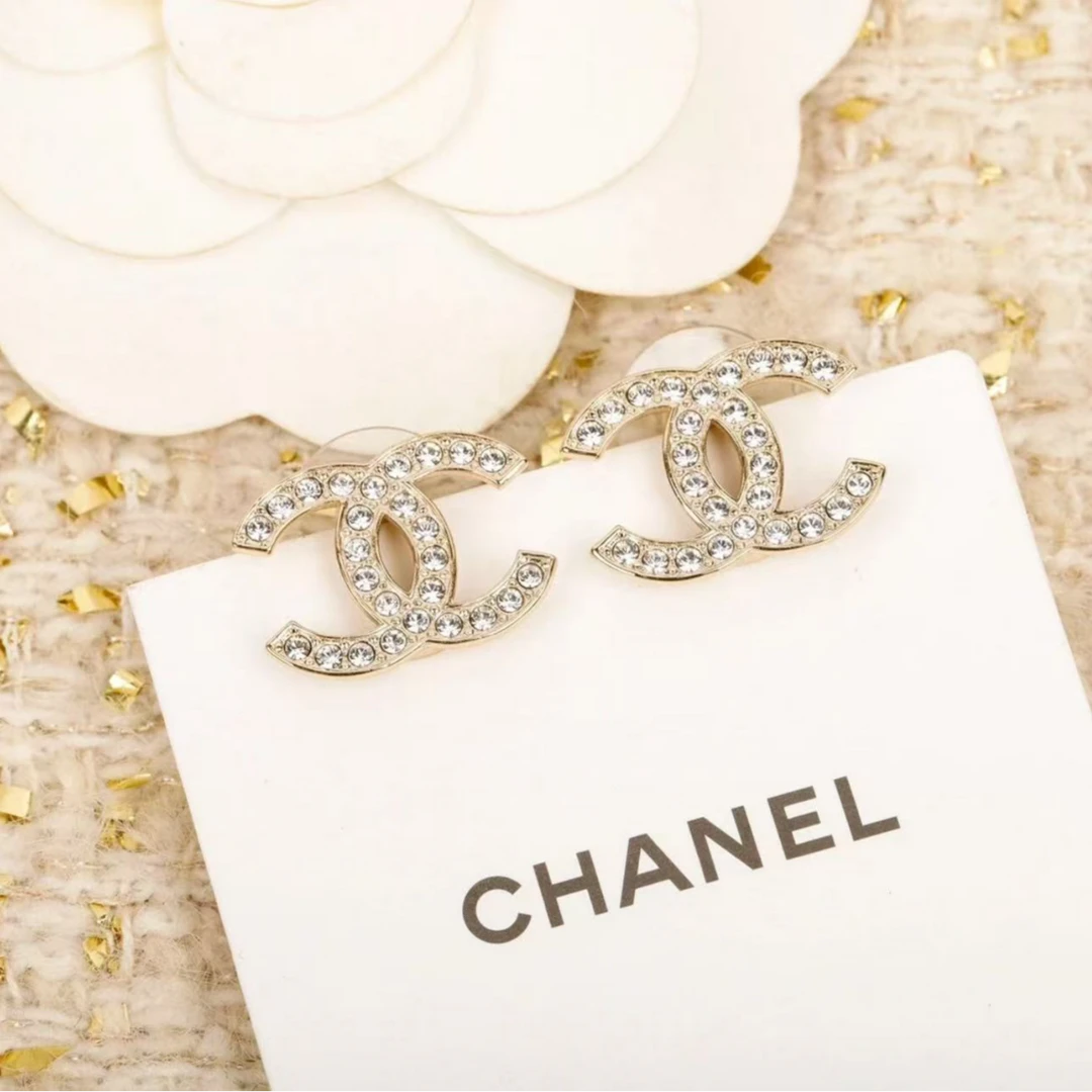 未使用 Chanel/香奈儿 花花24K 圆形水钻双C 耳环 大号 合金