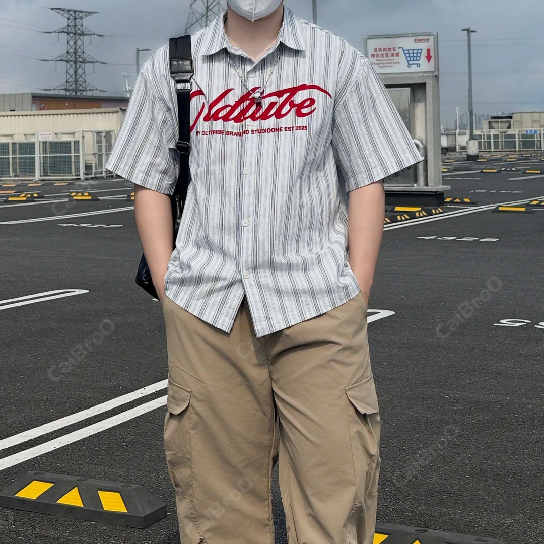 【大重码】夏季休闲情侣夏季复古宽松潮流条纹字母植绒麻料衬衫衬衣