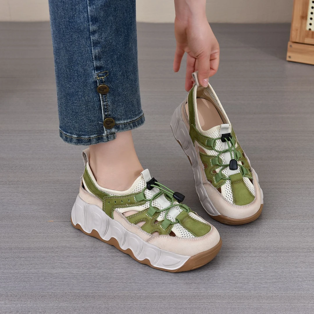 2025春夏新款真皮圆头撞色松紧扣单鞋女镂空厚底休闲鞋